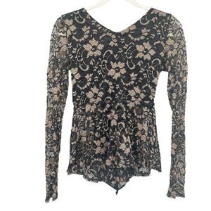 Womens Vampy Whimsigoth‎ Dark Back Bow Lace Floral Long Sleeve Peplum Top Black